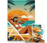 Woman on Beach in Retro Style 1000 Piece Jigsaws for Adults Brain Training Fun Clean Cut Sturdy Components Calming Mental Break Activity (38x52cm)