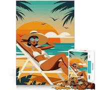 Woman on Beach in Retro Style 1000-piece Puzzle for Teenagers Focus Memory Game Professional Grade Cutting Relaxing Indoor Group Activity (50x75cm)