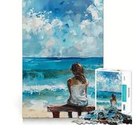 Woman on Bench Overlooking Ocean Painting 1000 Piece Puzzle For Teenagers Mind Skill Play Laser Cut for Flawless Fit Relaxing Indoor Group Activity (38x52cm)