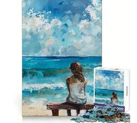 Woman on Bench Overlooking Ocean Painting 1000 Pieces Jigsaws Adults Puzzles Gifts Think Training Unwind Easily Defined Edges Merry Gift (50x75cm)
