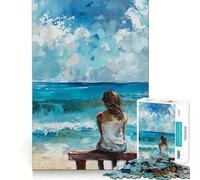 Woman on Bench Overlooking Ocean Painting Jigsaw Puzzle 1000 Piece Mind Train Fun Burr Free Clean Cut Pieces Absorbing Activity for Quiet Nights (50x75cm)