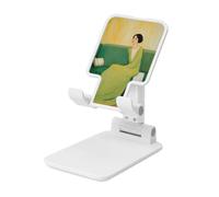 Woman On Couch In Emerald Green Foldable Cell Phone Stand Adjustable Angle Height Desktop Portable Cellphone Cradle Compatible With All Smartphone White-Style