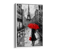 Woman on the streets of paris with a red umbrella, black & white Canvas Floater Frame Print Picture Art - White Frame 12 inch wide x 18 inch high