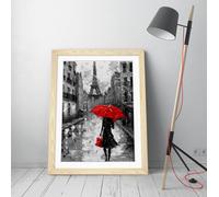 Woman on the streets of paris with a red umbrella, black & white Stunning Framed Wall Art Print Picture - A1 - Light Oak Frame