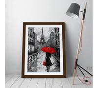 Woman on the streets of paris with a red umbrella, black & white Stunning Framed Wall Art Print Picture - A4 - Walnut Frame