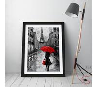 Woman on the streets of paris with a red umbrella, black & white Stunning Framed Wall Art Print Picture - A1 - Black Frame