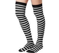 Woman Over Knee Black White Striped Socks Lady Outfit Long Warm Stocking Costume