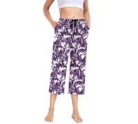 Woman Pajama Pants Elastic Cropped Sleep Pants Light Weight Teen Pj Pants Graffiti Art Abstract Purple White Hearts