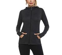 Woman Plain Zip Up Hoodie Top Ladies Long Sleeve Sport Workout Hooded Jacket Sweatshirt Coat Hoody Jacket with Pockets and Thumb Holes Black