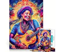 Woman Playing Guitar Psychedelic 1000 Piece Jigsaws for Adults Brain Sharp Game Smooth Burr Free Surface Fascinating Hobby for Idle Moments (38x52cm)