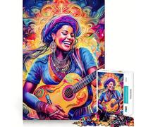 Woman Playing Guitar Psychedelic Jigsaw Puzzle 1000 Piece Cognitive Fun Play Precise Interlock Structure Bonding Activity for Loved Ones (50x75cm)