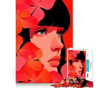 Woman Portrait with Red Flowers Jigsaw Puzzles1000 Pieces Cognitive Train Fun Flawless Interlocking Pieces Birthday Gift Brain Teaser Toy (38x52cm)