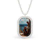Woman Reading by The Sea Rustic Rectangle Pendant Necklace Silver Women Jewelry Alloy Keychain Tag Jewelry