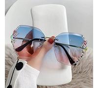 Woman Rimless Diamond Gradient Rhinestone Sunglasses - Oversized Gradient Diamond Cutting Lens (Blue)