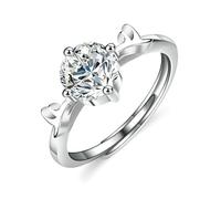 Woman Rings, Wedding Band Rings Deer with 1ct Round Lab Created Diamond Silver 14K White Gold Size N 1/2