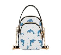 Woman Shoulder Handbag Playful Blue Dolphins Stars White Quilted Chain Wallet Cell Phone Purse Cute Zipper Lady Bowler Satchel, 5.9" × 8.3" × 3.1"