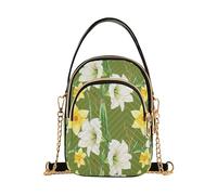 Woman Shoulder Handbag White Amaryllis Flowers Yellow Green Quilted Chain Strap Wallet Phone Purse Cute Zipper Satchel Crossbody Tote, 5.9" × 8.3" × 3.1"