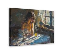 Woman Sitting Beside The Table Canvas Poster Bedroom Decor Landscape Office Room Decor Gift 16x24inch(40x60cm)