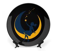 Woman Sitting on The Crescent Moon Decorative Plate with Display Stand Ceramic Art Crafts Ornaments for Home Office Wall Decor