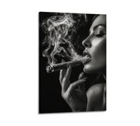 Woman Smoking A Cigar Black And White Close-Up Portrait Poster 12x18inch | Curling smoke, glossy lips, and silvery lighting give this woman's profile wall art a dramatic lounge mood.