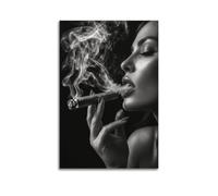 Woman Smoking A Cigar Black And White Close-Up Portrait Poster 20x30inch | Curling smoke, glossy lips, and silvery lighting give this woman's profile wall art a dramatic lounge mood.