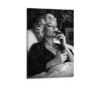 Woman Smoking Cigar Black And White Glamour Portrait Poster 16x24inch | Sculpted curls, winged eyeliner, and curling smoke create a dramatic fashion study for a dressing room or lounge.