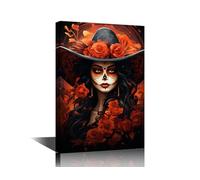 Woman Sugar Skull Makeup Canvas Wall Art for Living Room Sugar Skull Woman with Hat and Red Flowers Artwork House Decor Art Wall Day of the Dead Poster and Prints Artwork Home Decor 12"Wx18"Hx1 Panel