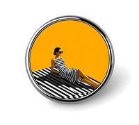 Woman Sunbathing on Striped Towel Minimalist Round Brooch for Men Women Fashion Badge Collar Pin Dress Jacket Backpack Accessories
