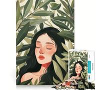 Woman Surrounded by Green Leaves Jigsaw Puzzle 1000 Piece Focus Boost Fun Advanced Laser Cutting Tech Travel-friendly Brain Game Gift (38x52cm)