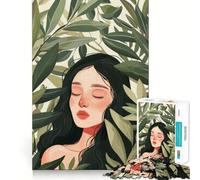 Woman Surrounded by Green Leaves Jigsaws 1000 Pieces for Adults Memory Boost Game Professional Grade Cutting Heartwarming Gathering Activity (38x26cm)