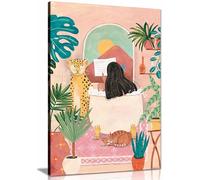 Woman taking bath in pink tropical bathroom Canvas Print, Framed Wall Art Pictures for Home Decor 76x51cm (30x20in)
