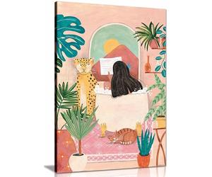 Woman taking bath in pink tropical bathroom Canvas Print, Framed Wall Art Pictures for Home Decor 76x51cm (30x20in)