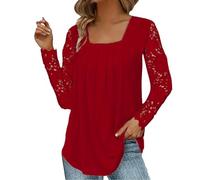 Woman Tee Shirt Women's Autumn Solid Color Square Collar Lace Sleeve Long Sleeve T Shirt Long Tank Tops for Women (Red, XL)