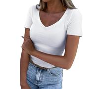 Woman Tops Summer Tops for Women UK Short Sleeve T Shirts Ladies Square Neck Ribbed Slim Fit Tee Shirt Casual Lightweight Basic Tunic Going Out Top (White, L)