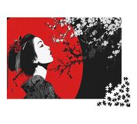 Woman Under The Cherry Blossom Tree Puzzles Japanese Black And White Art Gemusterte Nachhaltige Puzzles Für Erwachsene Hochwertige Holzspielpuzzles 52x38cm/1000pcs