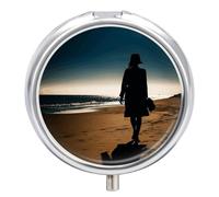 Woman Walking on The Beach Pill Box Cute Round Pill Case Portable Medicine Tablet Vitamin Holder Organizer for Purse Pocket
