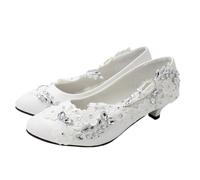 Woman Wedding Shoes Low Heel Bridal Shoes White Large Size Women Shoes Handmade Lace Simple Shoes for Women(35)