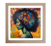 Woman with Affro Precisionism No.1 Framed Wall Art Print, Ready to Hang Picture for Living Room Bedroom Home Office, Oak 18 x 18 Inch (45 x 45 cm)