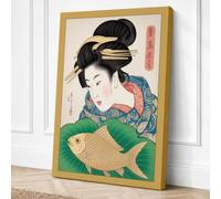 Woman with Carp Japandi Canvas Wall Art Print 36x24 Inch (91 x 61 cm)