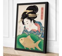 Woman with Carp Japandi Canvas Wall Art Print 36x24 Inch (91 x 61 cm)