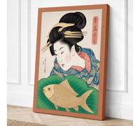 Woman with Carp Japandi Canvas Wall Art Print 36x24 Inch (91 x 61 cm)