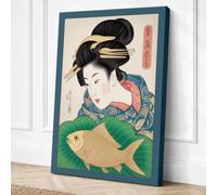 Woman with Carp Japandi Canvas Wall Art Print 36x24 Inch (91 x 61 cm)