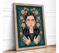 Woman with Cats Modern Framed Wall Art Print A4 (29.7×21cm) Oak, Wall