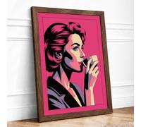 Woman with Coffee Pop Art Framed Wall Art Print A1 (84.1×59.4cm) Walnut, Wall Decor for Living Room, Bedroom, Office & Home, Ready to Hang, Art Gift