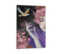 Woman with Flowers And Bird Wall Art, Fantasy Print, Art Poster, Mystical Canvas Picture Poster Decorative Painting Canvas Wall Posters And Art Picture Print Modern Family Bedroom Decor Posters 20x30i