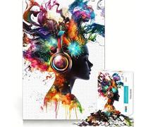 Woman with Headphones And Colorful Splashes Adult Jigsaw1000 Pieces Cognitive Train Game Tight Interlock No Gaps Calming Mental Break Activity (38x26cm)