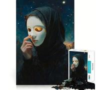 Woman with Mask Under Starry Sky 1000 Piece Jigsaws for Adults Mind Train Fun Precision Cut Smooth Edges Absorbing Activity for Quiet Nights (38x52cm)