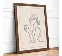 Woman with Mindful Cup Minimalist Framed Wall Art Print A1 (84.1×59.4cm) Walnut, Wall Decor for Living Room, Bedroom, Office & Home, Ready to Hang, Art Gift