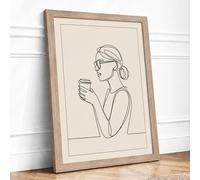 Woman with Mindful Cup Minimalist Framed Wall Art Print A3 (42×29.7cm) Oak, Wall Decor for Living Room, Bedroom, Office & Home, Ready to Hang, Art Gift