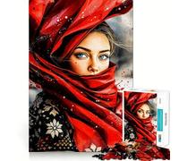 Woman with Red Scarf Portrait 1000-piece Jigsaw Puzzles Brain Fun Training Seamless Fit Precise Pieces Fascinating Hobby for Idle Moments (38x26cm)